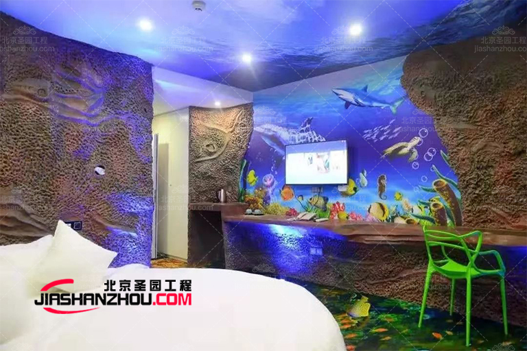 仿真洞穴酒店特的元素是灰白色的波浪藝術(shù)紋理設(shè)計(jì)墻