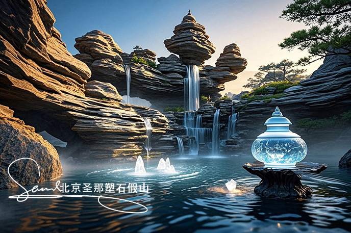 jimeng-2025-06-08-890-這是一處富有特色的天然千層石的假山，石頭是和太湖石一樣有自然橫向紋理，是用真正的天然假山石頭制作，能有明顯的凸凹。水流從上層緩緩流下，落入下層的石池中。背景....jpeg
