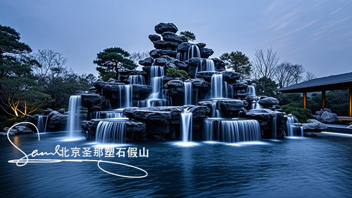 jimeng-2025-06-08-901-這是一處富有特色的天然千層石的假山，石頭是和太湖石一樣有自然橫向紋理，是用真正的天然假山石頭制作，能有明顯的凸凹。水流從上層緩緩流下，落入下層的石池中。背景....jpeg