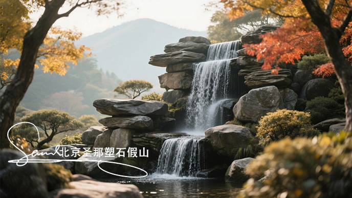 jimeng-2025-06-08-270-瀑布由大小不一的千層石堆疊而成，水流從上層千層石巖石傾瀉至下層，形成優(yōu)美的水簾效果。周圍環(huán)境充滿自然氣息，樹木枝葉呈現(xiàn)出秋天的金黃與橙紅色調(diào) ，陽光透過枝葉....jpeg