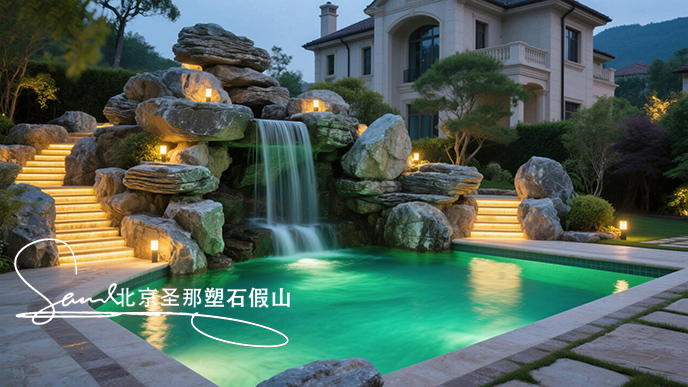 jimeng-2025-06-08-960-這是一座戶外景觀泳池，整體設計極具特色。泳池以千層石假山石造型構建池壁，塑造出自然山石的形態，營造出仿佛置身于山間溪流的氛圍 。設有小型瀑布，水流從高處千層....jpeg