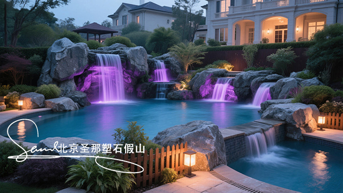 jimeng-2025-06-08-951-這是一座戶外景觀溫泉池。其造型設計獨特，以仿巖石形態構建池壁，營造出自然的山石氛圍 ，搭配幾處小型瀑布，水流潺潺增添靈動之感。池內有紫色燈光照明，營造出夢幻....jpeg
