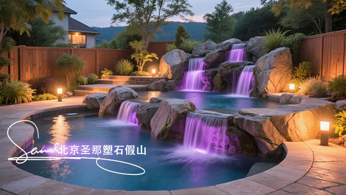 jimeng-2025-06-08-43-這是一座戶外景觀溫泉池。其造型設計獨特，以仿巖石形態構建池壁，營造出自然的山石氛圍 ，搭配幾處小型瀑布，水流潺潺增添靈動之感。池內有紫色燈光照明，營造出夢幻的....jpeg