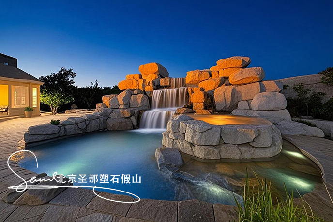 jimeng-2025-06-08-173-這是一處富有特色的水泥塑石景觀場景，是用粗糙的石頭制作，能有明顯的凸凹。水流從上層緩緩流下，落入下層的石池中。背景干凈，沒有其他建筑，只有噴泉本身，中遠景。....jpeg