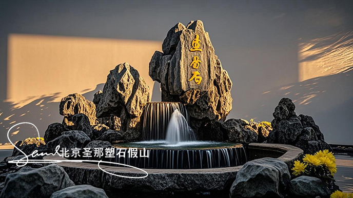 jimeng-2025-06-08-887-這是一處富有特色的天然靈璧石的假山，是用真正的天然靈璧假山石頭制作，能有明顯的凸凹。水流從上層緩緩流下，落入下層的靈璧石池中。背景干凈，沒有其他建筑，只有噴....jpeg