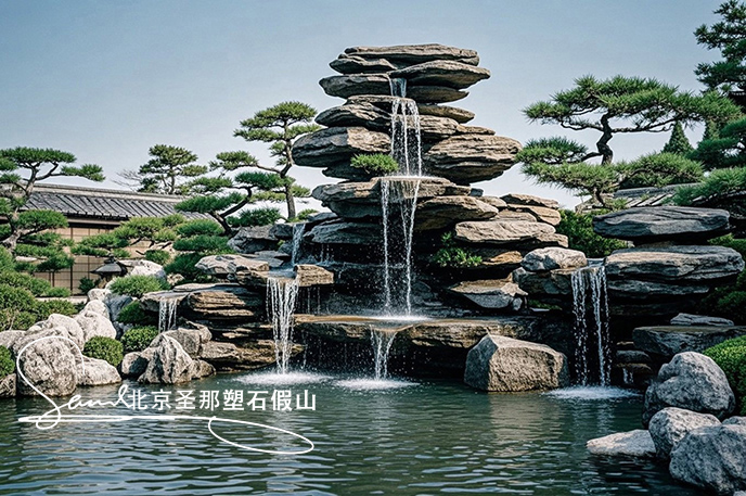 jimeng-2025-06-08-894-這是一處富有特色的天然千層石的假山，石頭是和太湖石一樣有自然橫向紋理，是用真正的天然假山石頭制作，能有明顯的凸凹。水流從上層緩緩流下，落入下層的石池中。背景....jpeg