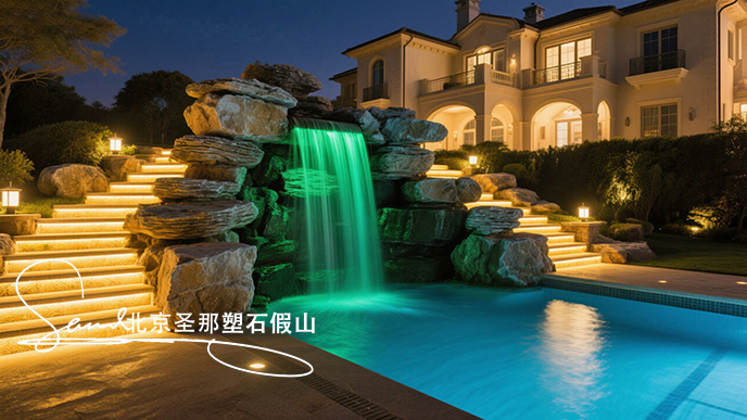 jimeng-2025-06-08-958-這是一座戶外景觀泳池，整體設計極具特色。泳池以千層石假山石造型構建池壁，塑造出自然山石的形態，營造出仿佛置身于山間溪流的氛圍 。設有小型瀑布，水流從高處千層....jpeg