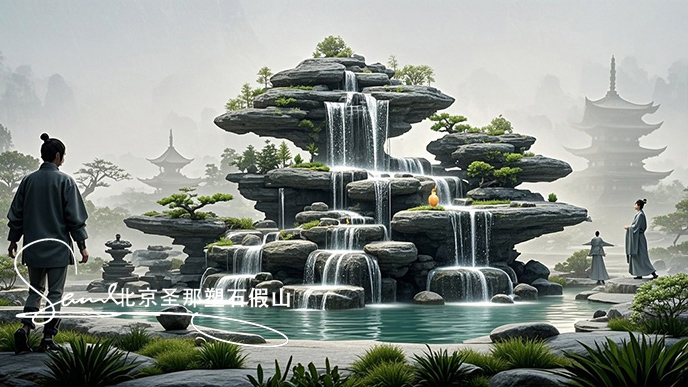 jimeng-2025-06-08-911-這是一處富有特色的天然千層石的假山，石頭是和太湖石一樣有自然橫向紋理，是用真正的天然假山石頭制作，能有明顯的凸凹。水流從上層緩緩流下，落入下層的石池中。背景....jpeg