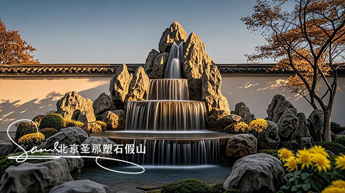 jimeng-2025-06-08-888-這是一處富有特色的天然靈璧石的假山，是用真正的天然靈璧假山石頭制作，能有明顯的凸凹。水流從上層緩緩流下，落入下層的靈璧石池中。背景干凈，沒有其他建筑，只有噴....jpeg