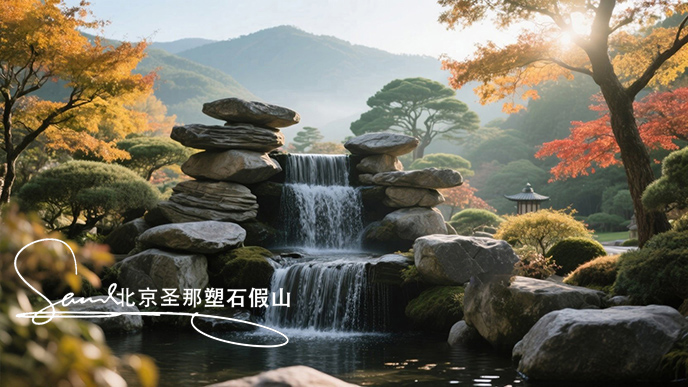jimeng-2025-06-08-277-瀑布由大小不一的千層石堆疊而成，水流從上層千層石巖石傾瀉至下層，形成優美的水簾效果。周圍環境充滿自然氣息，樹木枝葉呈現出秋天的金黃與橙紅色調 ，陽光透過枝葉....jpeg