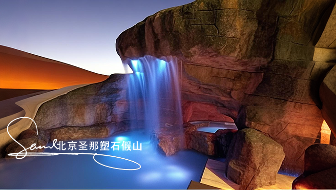jimeng-2025-06-08-171-這是一處富有特色的水泥塑石噴泉景觀場景。畫面是一組石制噴泉，由多個層次的粗糙水泥仿石石制結構堆疊而成，噴泉是用粗糙的石頭制作，能有明顯的凸凹。水流從上層緩緩....png