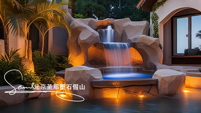 jimeng-2025-06-08-170-這是室內一處富有特色的水泥塑石噴泉景觀場景。畫面是一組石制噴泉，由多個層次的粗糙水泥仿石石制結構堆疊而成，噴泉是用粗糙的石頭制作，能有明顯的凸凹。水流從上層....png