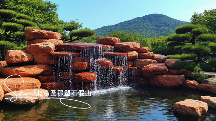 1749630736342309.png 16x9_假山石建在庭院里的由天然紅石堆疊而成_水流從上層紅石巖石傾瀉至下.png