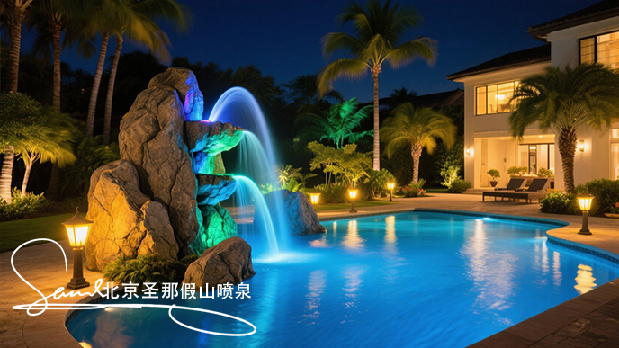 jimeng-2025-06-20-1711-這是一處夜間的庭院水景景觀。畫面中心是一座以大塊仿真巖石打造的噴泉，巖石表面紋理....jpeg