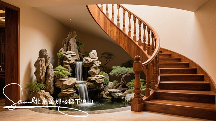jimeng-2025-06-20-6715-圖中展示了一處室內樓梯下假山空間。墻邊一座木質旋轉樓梯 ，其扶手、欄桿及臺階均為....jpeg