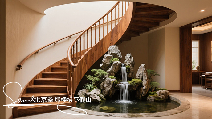 jimeng-2025-06-20-2877-圖中展示了一處室內樓梯下英德石假山空間。墻邊一座木質旋轉樓梯 ，其扶手、欄桿及臺....jpeg