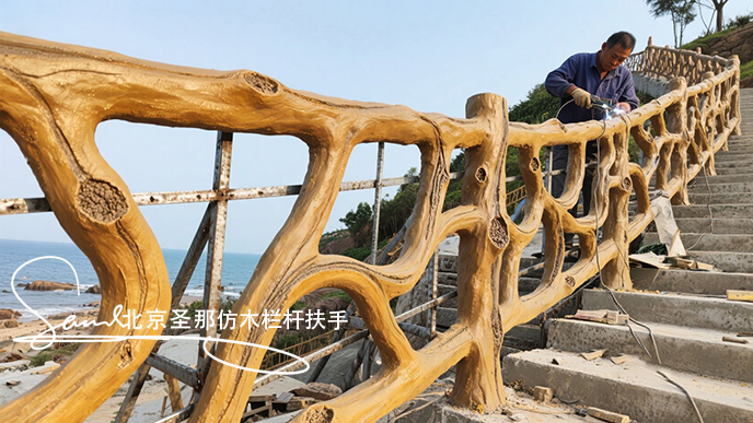jimeng-2025-06-25-1413-正在施工制作的旅游區(qū)樓梯室外安全圍欄設(shè)計(jì)制作過程，美工正在施工制作，先用鋼筋焊接....jpeg