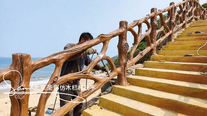 jimeng-2025-06-25-7615-正在施工制作的旅游區(qū)樓梯室外安全圍欄設計制作過程，美工正在施工制作，先用鋼筋焊接....jpeg