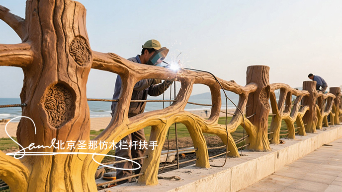 jimeng-2025-06-25-5368-正在施工制作的安全圍欄設(shè)計(jì)制作過(guò)程，美工正在施工制作，先用鋼筋焊接出骨架，然后用....jpeg