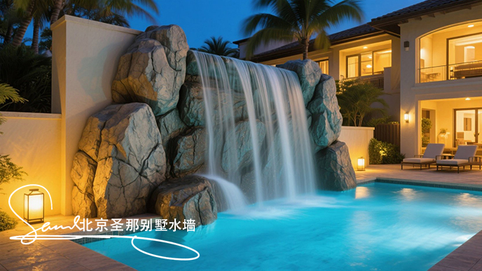 1761112405669564.jpeg jimeng-2025-06-20-7835-這是一處戶外水墻景觀。畫面中心是一座漂亮的水泥塑石水墻,水從水墻流到水池中,池水....jpeg