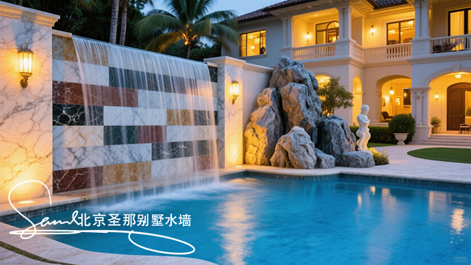 jimeng-2025-06-20-8482-這是一別墅處戶外大理石制作的平板水墻景觀。水墻由多種平面石板組成漂亮的效果。水從....jpeg
