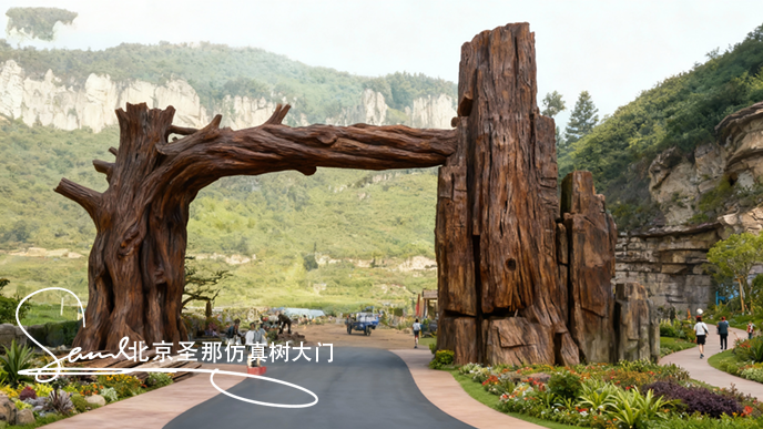 1761544656445491.png jimeng-2025-10-26-1872-一個主體顏色是自然暗棕色的仿樹樁造型的園林景觀入口,大門橫梁很厚重,整體迪士尼大....png